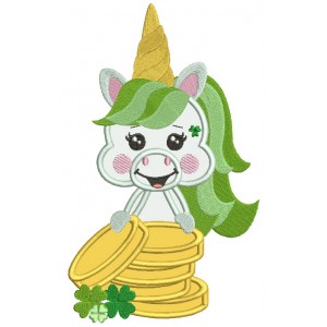 Lucky Unicorn With Gold Coins St. Patrick's Day Applique Machine Embroidery Design Digitized Pattern